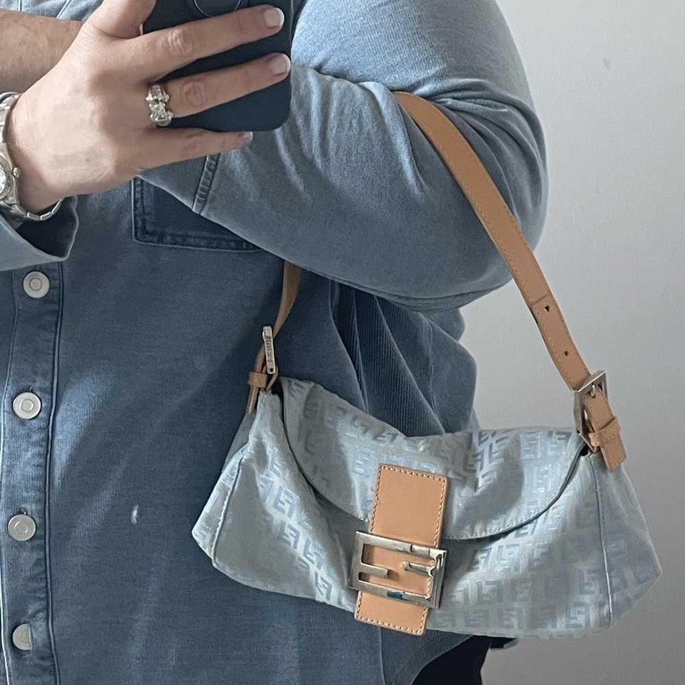 Fendi Light Blue Monogram Shoulder Bag with Tan Leather Strap -Zucchino - Picture 15 of 15